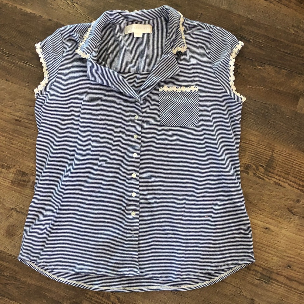 Eileen West Blue and White Striped Sleeveless Top with Lace Trim
